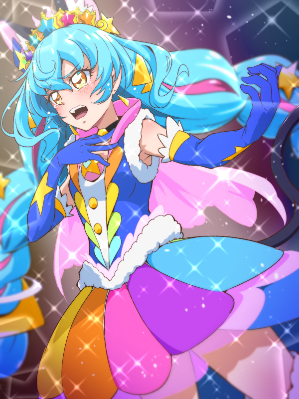 1girl animal_ear_fluff animal_ears blue_gloves blue_hair blush cat_ears commentary_request cure_cosmo elbow_gloves gloves long_hair magical_girl multicolored multicolored_clothes multicolored_hair multicolored_skirt open_mouth precure skirt solo star_twinkle_precure tears teeth tiara tj-type1 twintails upper_teeth yellow_eyes yuni_(precure)