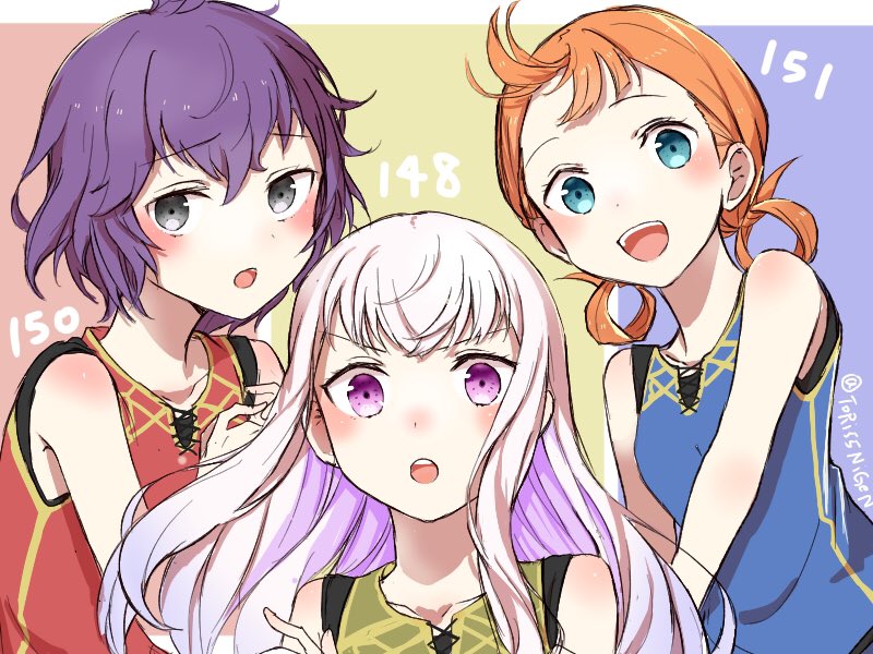 3girls annette_fantine_dominic bernadetta_von_varley blue_eyes fire_emblem fire_emblem:_three_houses garreg_mach_monastery_uniform grey_eyes gym_uniform long_hair lysithea_von_ordelia multiple_girls open_mouth orange_hair purple_hair short_hair simple_background sleeveless tori55nigen twintails twitter_username upper_body violet_eyes white_hair