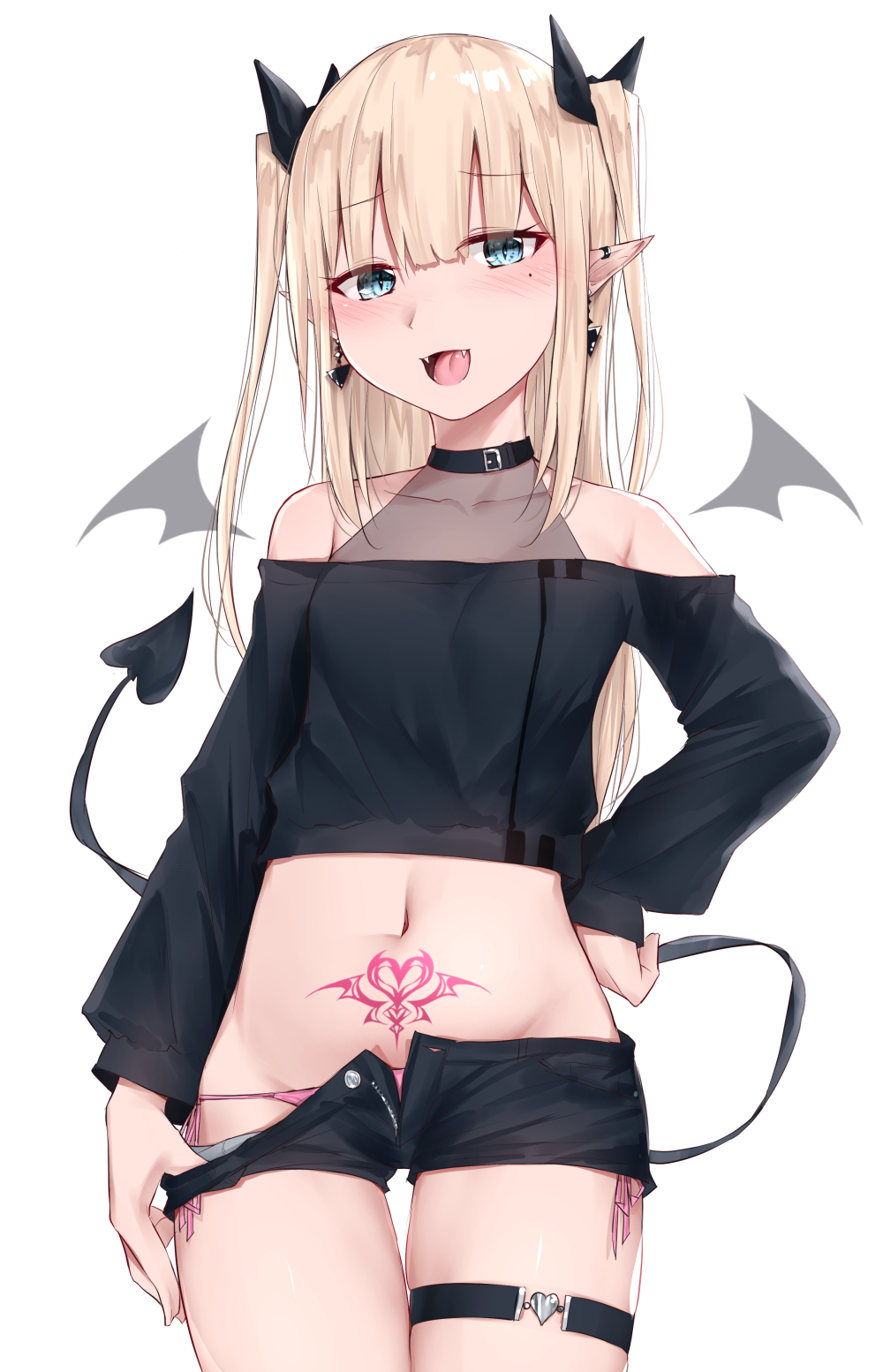 1girl :d bare_shoulders black_ribbon black_shirt black_shorts blonde_hair blue_eyes blush commentary_request crop_top demon_girl demon_tail demon_wings detached_wings fangs groin hair_ribbon hand_on_hip highres kanju long_hair long_sleeves looking_at_viewer mole mole_under_eye navel off-shoulder_shirt off_shoulder open_clothes open_fly open_mouth open_shorts original panties pink_panties pointy_ears pubic_tattoo pulled_by_self ribbon shirt short_shorts shorts shorts_pull side-tie_panties simple_background sleeves_past_wrists smile solo succubus tail tattoo thigh_gap two_side_up underwear very_long_hair white_background wings