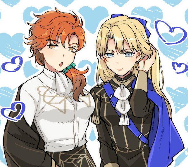 2girls adjusting_hair blonde_hair bow cape dimitri_alexandre_blaiddyd fe8585 fire_emblem fire_emblem:_three_houses garreg_mach_monastery_uniform genderswap genderswap_(mtf) hair_bow heart long_hair multiple_girls off-shoulder_jacket orange_hair scrunchie skirt sylvain_jose_gautier