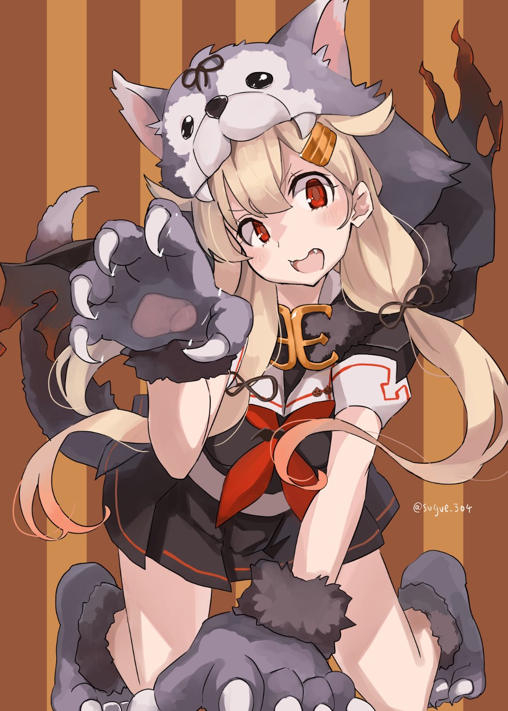 1girl all_fours animal_hood bangs black_skirt blonde_hair blush breasts dog_hood dog_paws dog_tail fake_tail fang gloves hair_flaps hair_ornament hairclip highres hood kantai_collection long_hair open_mouth paw_gloves paw_pose paw_shoes paws red_eyes red_neckwear remodel_(kantai_collection) sailor_collar school_uniform serafuku shoes short_sleeves skirt solo striped striped_background sugue_tettou tail yuudachi_(kantai_collection)