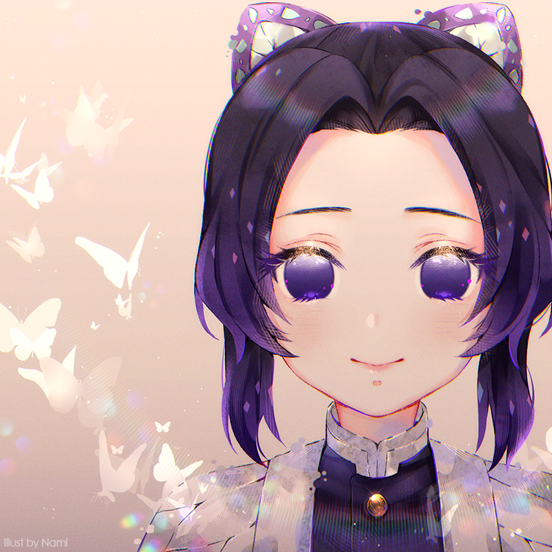 1girl artist_name bangs black_hair black_jacket blush brown_background bug butterfly butterfly_hair_ornament closed_mouth commentary forehead gradient_hair hair_ornament insect jacket kimetsu_no_yaiba kochou_shinobu looking_at_viewer multicolored_hair natsumii_chan open_clothes parted_bangs portrait purple_hair short_hair smile solo violet_eyes