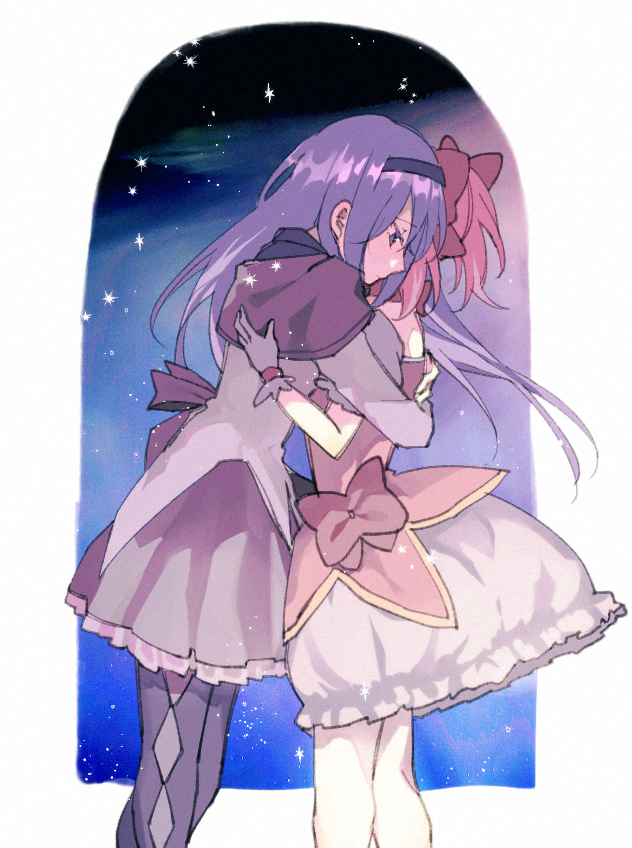 2girls akemi_homura argyle argyle_legwear black_hairband black_legwear bubble_skirt capelet commentary_request expressionless floating_hair gloves hair_ribbon hairband half-closed_eyes hands_on_another's_back hug kaname_madoka korean_commentary light_particles long_hair looking_down mahou_shoujo_madoka_magica multiple_girls night night_sky pantyhose pc_(z_yu) pink_hair pink_ribbon profile purple_hair purple_ribbon ribbon sad shiny shiny_hair simple_background skirt sky sparkle star_(sky) starry_sky straight_hair violet_eyes white_background white_gloves white_legwear