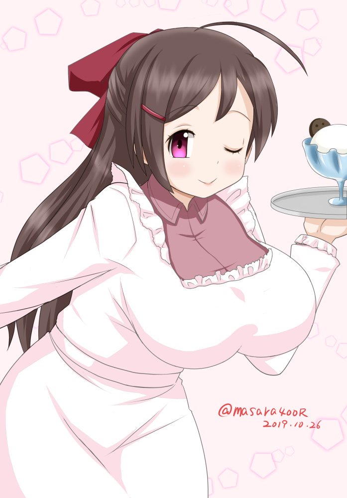 1girl breasts brown_hair collared_shirt cowboy_shot dated food hair_ornament hair_ribbon hairclip half_updo ice_cream kantai_collection kappougi large_breasts long_hair looking_at_viewer mamiya_(kantai_collection) masara_(masalucky2010) one_eye_closed pink_background pink_shirt ribbon shirt solo star starry_background tray twitter_username