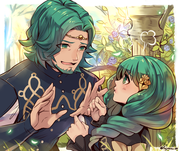 1boy 1girl beard bow brother_and_sister facial_hair fire_emblem fire_emblem:_three_houses flayn_(fire_emblem) flower from_side fujimaru_(green_sparrow) green_eyes green_hair hair_ornament long_hair long_sleeves open_mouth seteth_(fire_emblem) short_hair siblings twitter_username upper_body yellow_bow