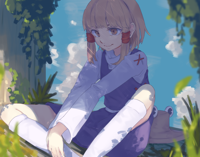 1girl bangs blonde_hair blue_sky blurry chishibuki_hiyoko clouds commentary_request dappled_sunlight feet_together grass hair_ribbon hat headwear_removed juliet_sleeves kneehighs knees_apart_feet_together long_sleeves medium_hair moriya_suwako outdoors own_hands_together parted_bangs puffy_sleeves purple_skirt purple_vest red_ribbon ribbon shirt sidelocks sitting skirt skirt_set sky smile solo sunlight touhou turtleneck vest white_legwear white_shirt yellow_eyes