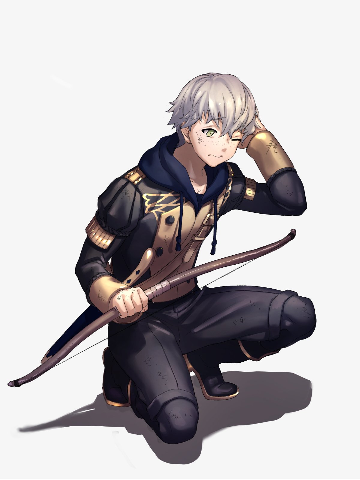 1boy ashe_ubert black_footwear boots bow dirty_clothes dirty_face eyebrows_visible_through_hair fire_emblem fire_emblem:_three_houses freckles full_body garreg_mach_monastery_uniform green_eyes hand_on_own_head highres long_sleeves moyashi_mou2 one_eye_closed pants scabbard shadow sheath sheathed short_hair shoulder_strap silver_hair simple_background solo squatting sword wavy_mouth weapon white_background