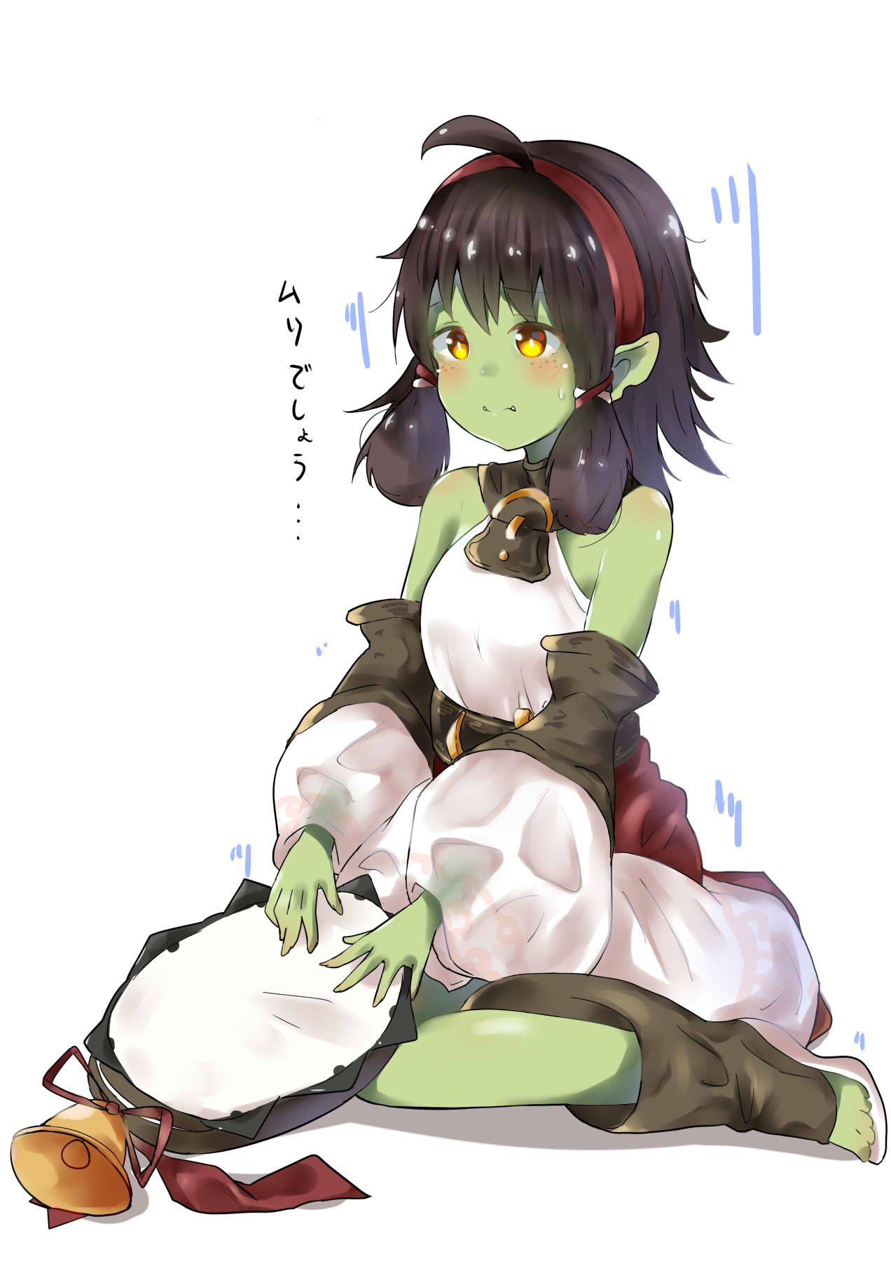 1girl ahoge bare_shoulders bell black_hair blush breasts caravan_stories closed_mouth commentary_request detached_sleeves dreamusun fangs fangs_out full_body green_skin hair_ornament hairband highres long_sleeves looking_away orange_eyes orc puffy_long_sleeves puffy_sleeves red_hairband red_ribbon ribbon see-through see-through_sleeves shadow shirt sitting skirt sleeveless sleeveless_shirt small_breasts smile solo sweat translated wariza white_background white_shirt white_skirt x_hair_ornament zara_(caravan_stories)