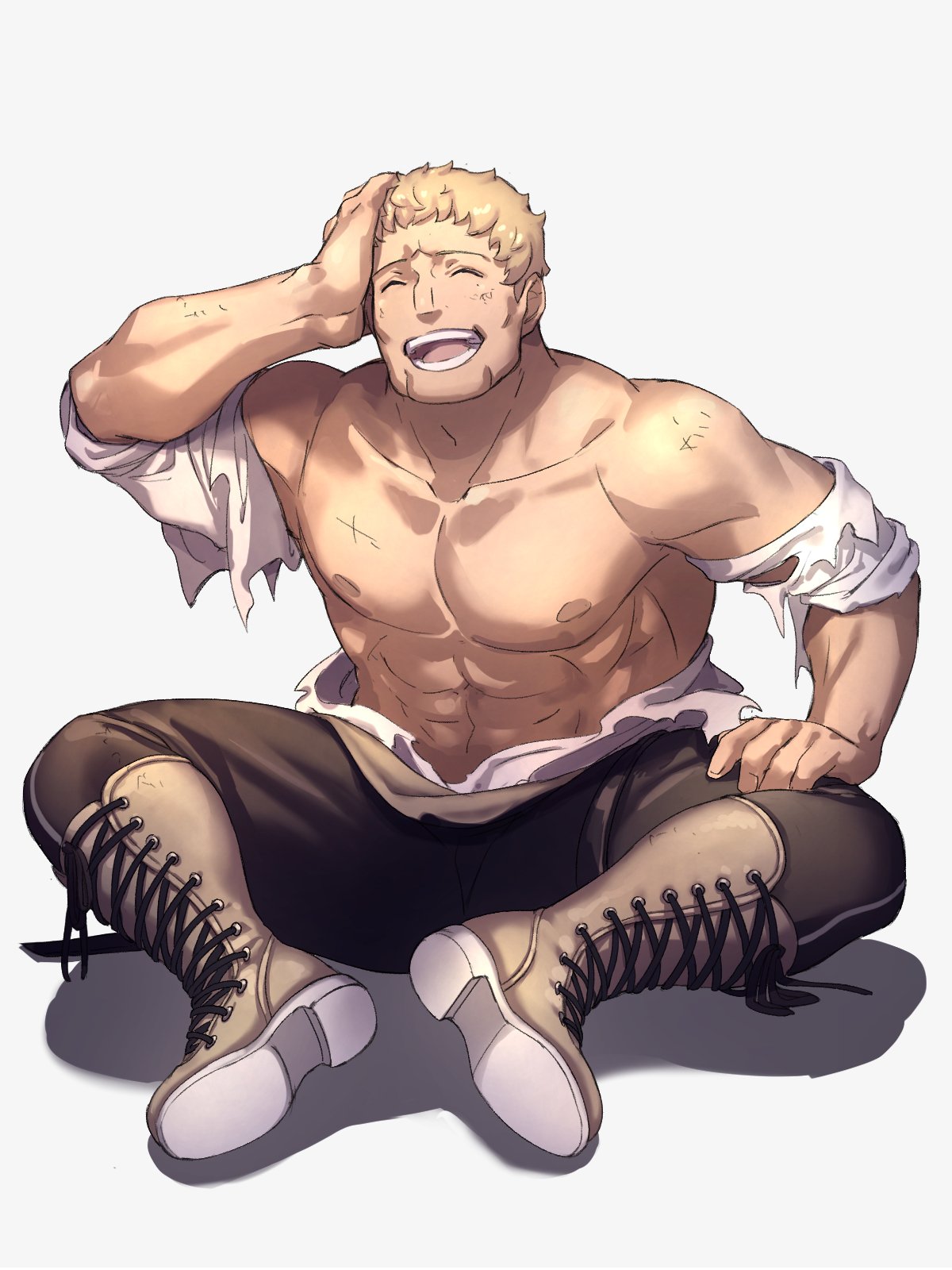 1boy abs blonde_hair boots closed_eyes cross-laced_footwear dirty_clothes dirty_face fire_emblem fire_emblem:_three_houses full_body garreg_mach_monastery_uniform hand_on_own_head highres laughing looking_at_viewer moyashi_mou2 muscle nipples open_mouth pants raphael_kirsten shadow shirt short_hair simple_background sitting smile solo torn_clothes torn_shirt white_background