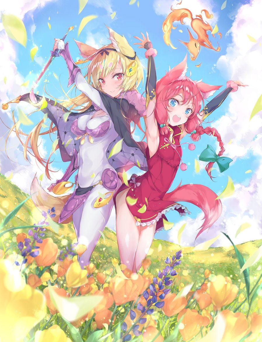 2girls :d animal_ears arm_up arms_up back-to-back bikini black_cape black_gloves black_ribbon blonde_hair blue_eyes blue_sky blurry blurry_background blurry_foreground bodystocking bow bracer braid breasts breathing_fire cape character_request china_dress chinese_clothes closed_mouth clouds cloudy_sky commentary_request covered_navel day dress dutch_angle eyebrows_visible_through_hair fire flower fox fox_ears fox_girl fox_tail frilled_dress frills fur-trimmed_cape fur_trim gloves green_bow hair_blush hair_bow hair_ornament hair_ribbon holding holding_wand hood hooded_cape leaf light_blush light_particles long_hair long_sleeves looking_at_viewer medium_breasts multiple_girls open_mouth outdoors pelvic_curtain petals pink_scrunchie pulp_piroshi purple_bikini red_dress redhead ribbon saikyou_kishi_danchou_no_yonaoshi_tabi scrunchie short_dress side_slit single_braid sky sleeveless sleeveless_dress small_breasts smile standing swimsuit tail tri_tails wand wind wrist_scrunchie yellow_eyes yellow_flower