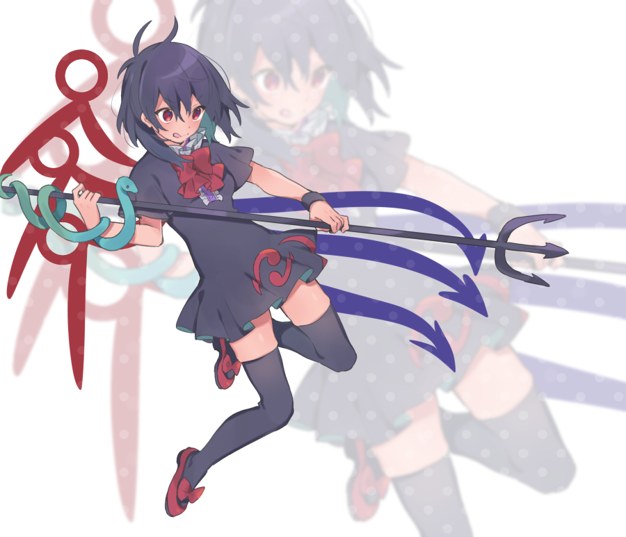 1girl :q akagashi_hagane asymmetrical_wings bangs black_dress black_hair black_legwear blue_wings blush bow bowtie dress full_body hair_between_eyes holding holding_weapon houjuu_nue polearm red_bow red_eyes red_footwear red_neckwear red_wings shoes short_hair short_sleeves simple_background smile snake solo thigh-highs thighs tongue tongue_out touhou trident weapon white_background wings wristband zettai_ryouiki zoom_layer