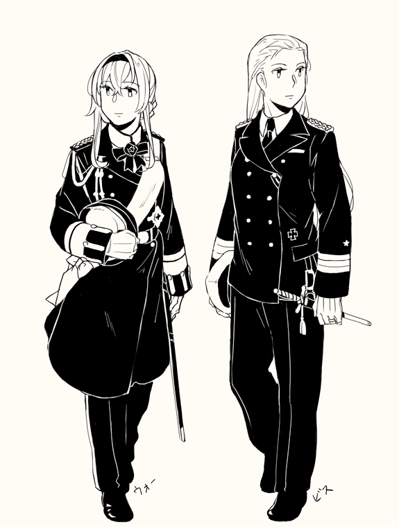 2girls aiguillette alternate_costume alternate_hairstyle bangs belt bismarck_(kantai_collection) breast_pocket breasts buttons closed_mouth coat collared_shirt dagger double-breasted epaulettes eyebrows_visible_through_hair flower full_body gloves greyscale hair_between_eyes hair_over_shoulder hair_slicked_back hairband hat holding holding_hat iron_cross kantai_collection long_hair long_sleeves looking_to_the_side military military_hat military_jacket military_uniform monochrome multiple_girls naval_uniform necktie pants pocket ribbon rose sash shirt shoes sidelocks simple_background smile translated uniform warspite_(kantai_collection) weapon weidashming white_background