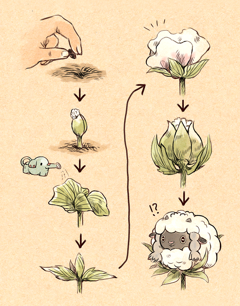 !? :3 blooming bud directional_arrow fluffy gen_8_pokemon matsuri_(matsuike) pokemon pokemon_(creature) seed sequential sheep sprout watering watering_can wooloo