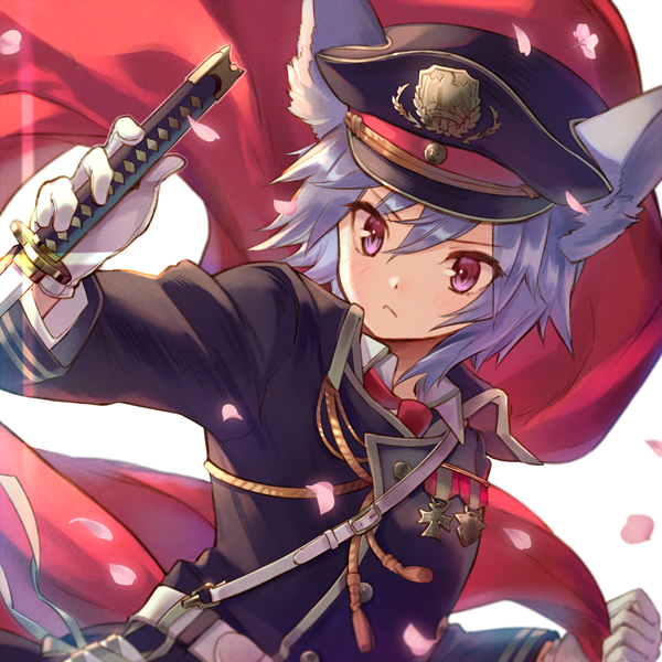 1girl animal_ear_fluff animal_ears belt black_coat black_headwear cape cherry_blossoms commentary_request eyebrows_visible_through_hair gloves hair_between_eyes hat holding holding_sword holding_weapon litter1152 looking_at_viewer medal original peaked_cap red_cape red_eyes short_hair silver_hair simple_background solo sword weapon white_background white_gloves wolf_ears