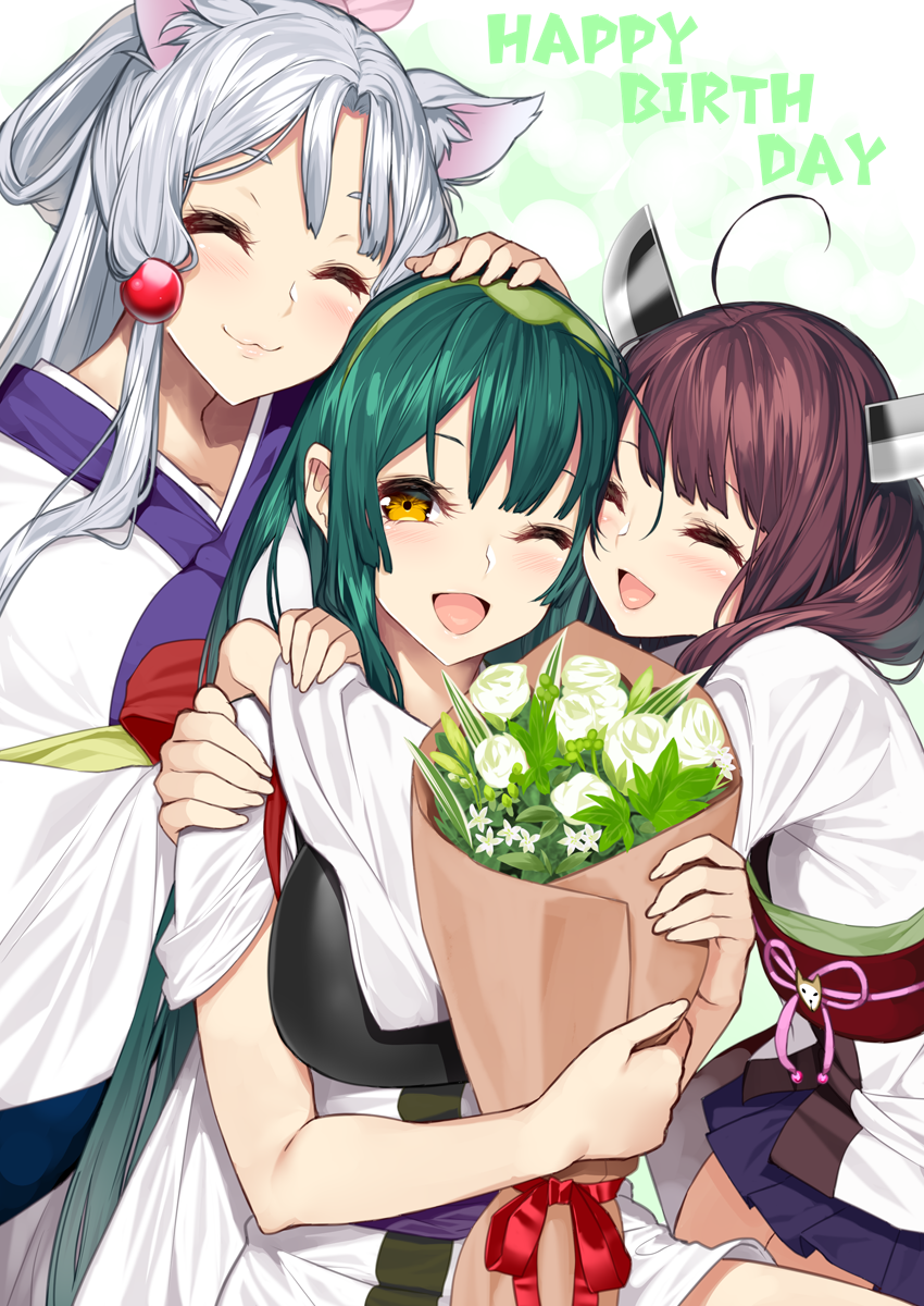 3girls :3 :d ;d ^_^ ahoge animal_ear_fluff animal_ears bangs bouquet brown_hair closed_eyes closed_mouth commentary_request eyebrows_behind_hair flower fox_ears girl_sandwich green_hair hair_ornament hand_on_another's_head happy_birthday headgear highres holding holding_bouquet hug japanese_clothes kimono long_hair multiple_girls muneate obi one_eye_closed open_mouth orange_eyes rose sandwiched sash short_sleeves silver_hair smile tasuki touhoku_itako touhoku_kiritan touhoku_zunko twintails voiceroid white_flower white_kimono white_rose yappen
