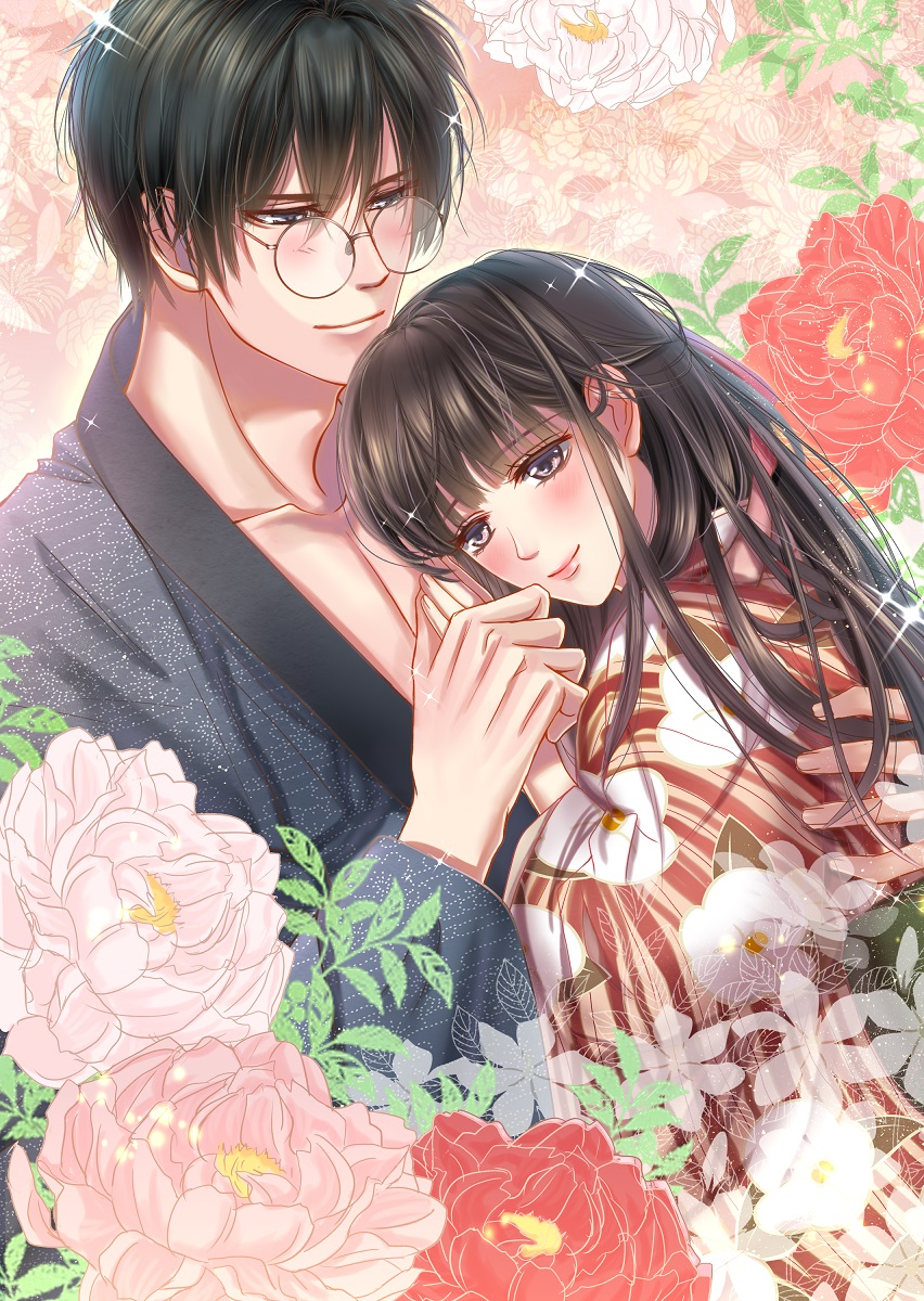 1boy 1girl bangs black_hair blush collarbone floral_background floral_print glasses hair_between_eyes head_on_chest hetero highres hug izumi_(stardustalone) japanese_clothes kimono long_hair looking_at_viewer renri_no_chigiri_wo_kimi_to_shiru smile very_long_hair violet_eyes