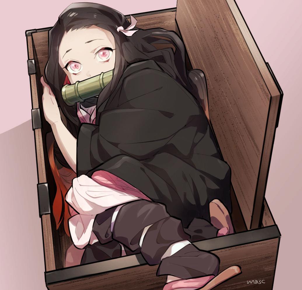 1girl bamboo bit_gag black_hair box feet_out_of_frame fetal_position flip-flops gag hair_ribbon haori in_box in_container japanese_clothes kamado_nezuko kimetsu_no_yaiba kimono leg_warmers long_hair long_sleeves looking_at_viewer masc_(68mb) mouth_hold multicolored_hair obi orange_hair pink_eyes pink_kimono pink_ribbon ribbon sandals sash shoe_dangle solo two-tone_hair very_long_hair