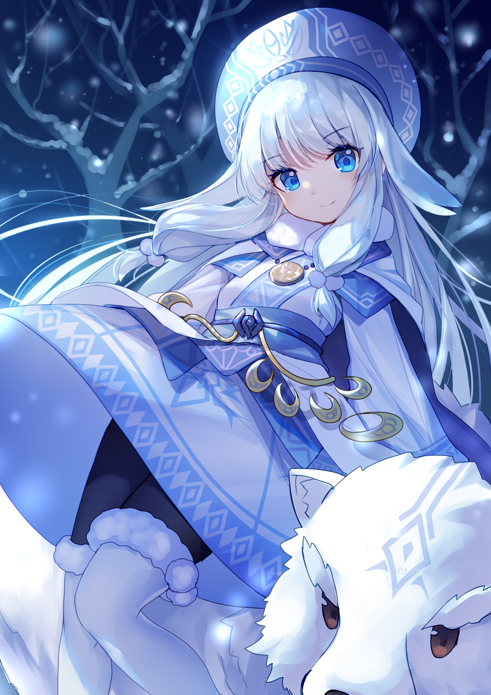 1girl bangs bare_tree bear bison_cangshu black_legwear blue_eyes blue_headwear boots closed_mouth crescent dress eyebrows_visible_through_hair fate/grand_order fate_(series) feet_out_of_frame fur-trimmed_boots fur_trim highres jewelry long_hair long_sleeves low-tied_long_hair necklace night outdoors pantyhose polar_bear sash sidelocks silver_hair sitonai smile solo standing tareme thigh-highs thigh_boots tree very_long_hair white_dress white_footwear winter