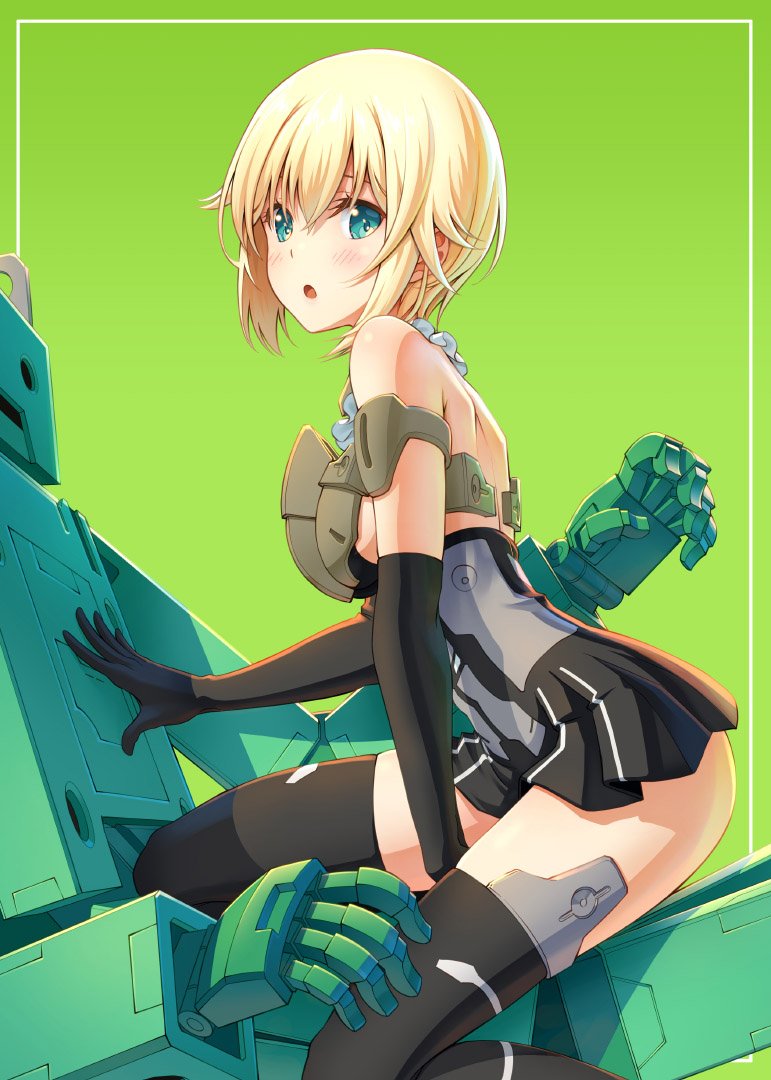 1girl bare_shoulders black_gloves black_legwear blonde_hair blush commentary_request dress elbow_gloves frame_arms_girl gloves gourai green_background green_eyes hand_on_another's_chest looking_at_viewer looking_to_the_side microdress open_mouth pinakes robot short_hair shoulder_blades skindentation sleeveless straddling thigh-highs thighs