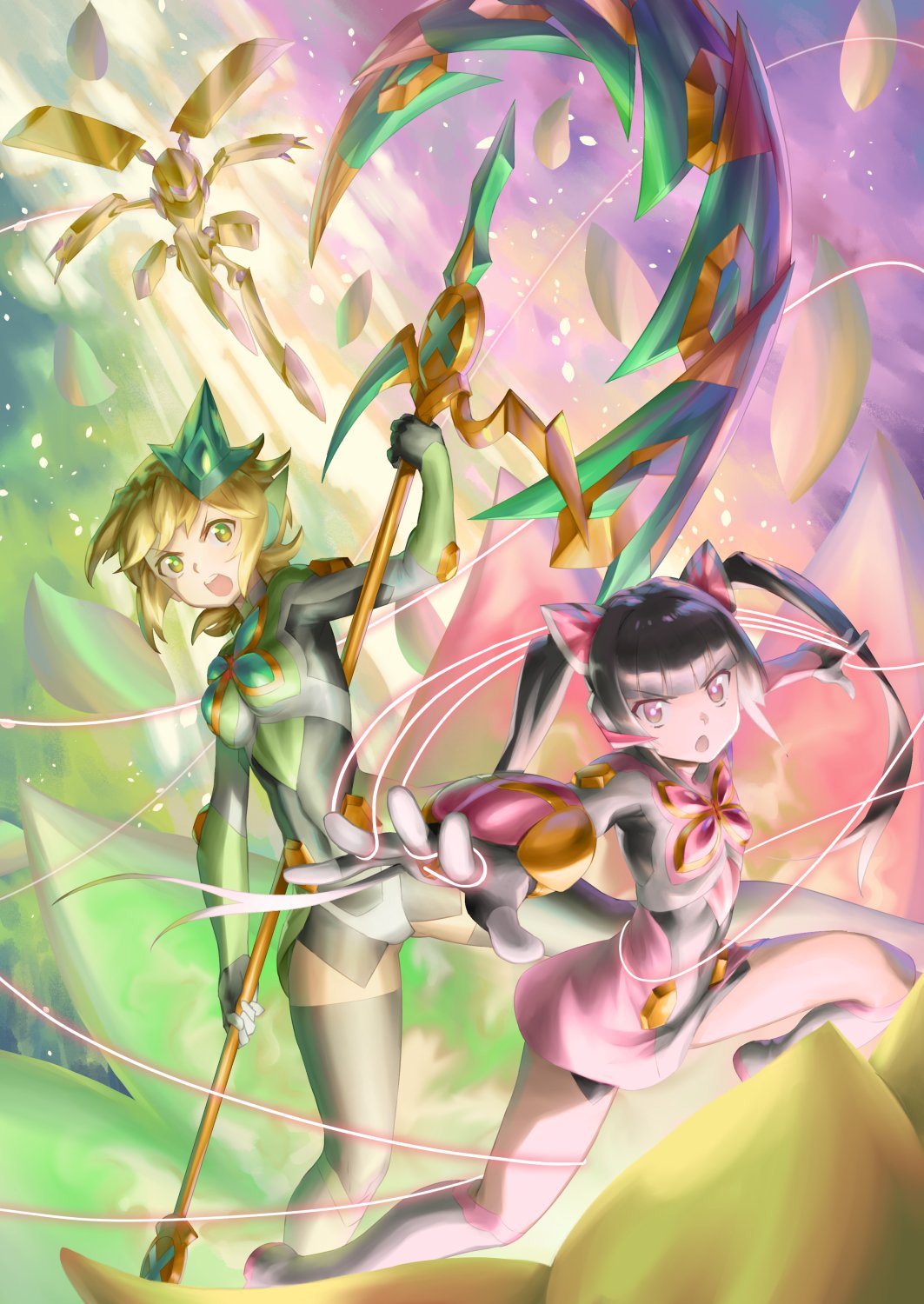 2girls akatsuki_kirika bangs black_hair black_legwear blonde_hair blunt_bangs bodysuit breasts glowing green_eyes headgear highres long_hair looking_at_viewer medium_breasts monster_girl multiple_girls murakami_hisashi open_mouth pink_eyes scylla senki_zesshou_symphogear shiny shiny_hair short_hair skin_tight standing tsukuyomi_shirabe twintails white_legwear wire