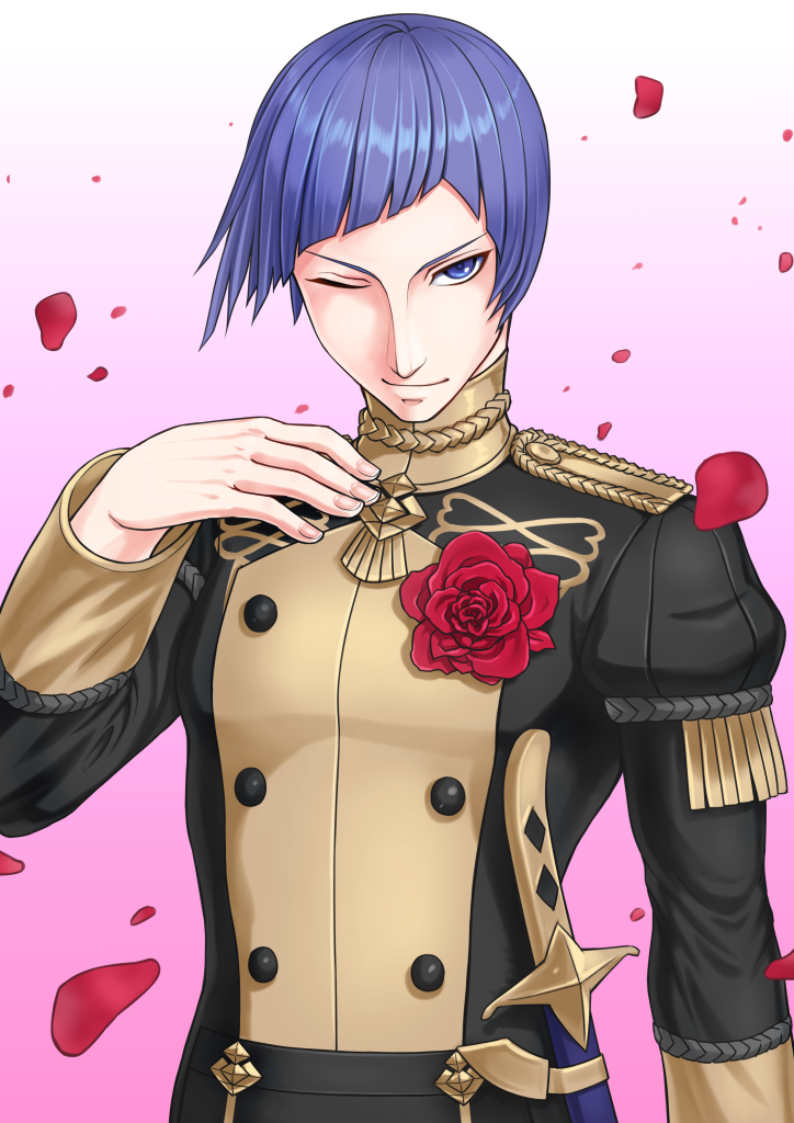 1boy asymmetrical_hair epaulettes fire_emblem fire_emblem:_three_houses flower garreg_mach_monastery_uniform lorenz_hellman_gloucester one_eye_closed petals pink_background purple_hair rose rose_petals solo soyo2106 sword upper_body violet_eyes weapon