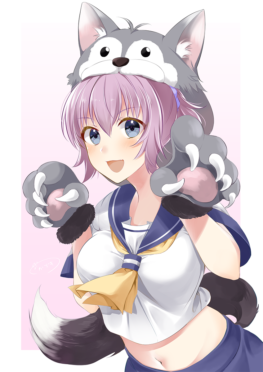 1girl :d animal_hood aoba_(kantai_collection) bangs blue_sailor_collar blush breasts claws cosplay eyebrows_visible_through_hair fake_tail gloves highres hood kadzuki_kan kantai_collection leaning_forward looking_at_viewer medium_breasts navel neck_ribbon open_mouth paw_gloves paws pink_background purple_hair ribbon sailor_collar shirt short_hair short_ponytail short_sleeves signature simple_background smile solo tail tareme upper_body white_shirt wolf_hood wolf_tail yellow_neckwear yuudachi_(kantai_collection) yuudachi_(kantai_collection)_(cosplay)