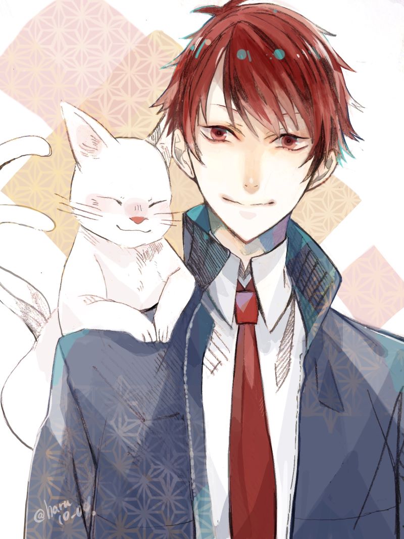 1boy animal animal_on_shoulder artist_name blue_suit cat cat_on_shoulder closed_eyes error hiwa04 looking_at_viewer male_focus mayonaka_no_occult_koumuin miyako_arata multiple_tails necktie red_eyes red_neckwear redhead smile tail two_tails upper_body white_cat yuki_(mayonaka_no_occult_koumuin)