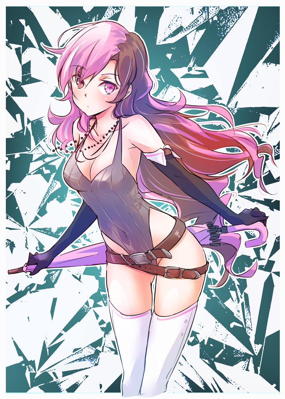 1girl belt boots breasts brown_eyes brown_hair covered_navel elbow_gloves gloves heterochromia highres iesupa jewelry leotard multicolored_hair multiple_belts neo_politan pink_eyes pink_hair rwby solo thigh-highs thigh_boots umbrella