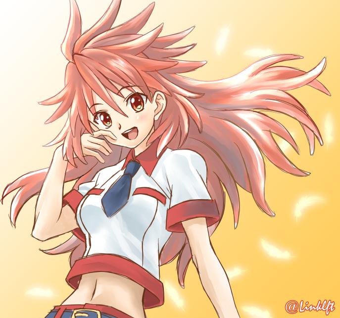 1girl amou_kanade belt breasts commentary_request link_(aa30) long_hair looking_at_viewer navel open_mouth red_eyes redhead senki_zesshou_symphogear smile solo