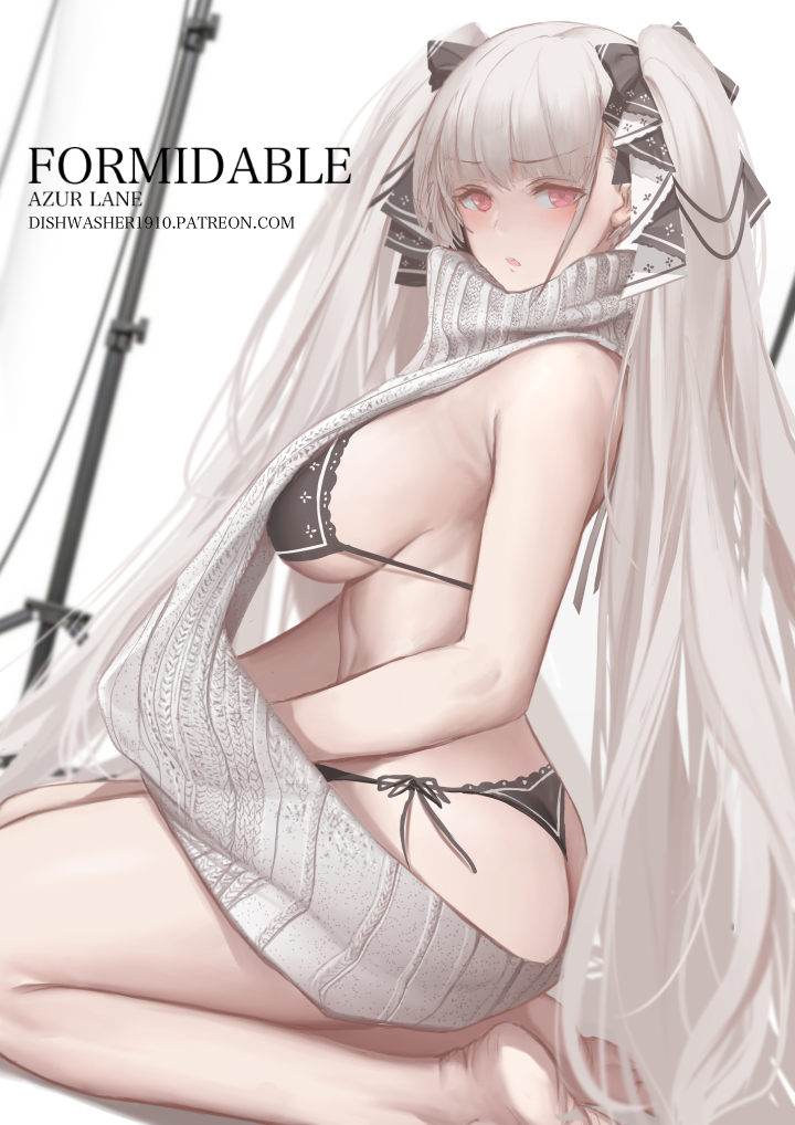 1girl artist_name ass azur_lane backless_dress backless_outfit bangs bare_shoulders barefoot black_bra black_panties blush bra breasts character_name dishwasher1910 dress eyebrows_visible_through_hair formidable_(azur_lane) frilled_dress frills grey_hair hair_ribbon halterneck large_breasts long_hair looking_at_viewer meme_attire open_mouth panties red_eyes ribbed_sweater ribbon seiza sideboob sitting solo sweater sweater_dress turtleneck turtleneck_sweater twintails two-tone_ribbon underwear very_long_hair virgin_killer_sweater