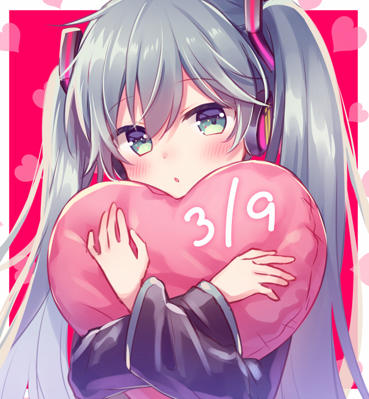 1girl 39 amane_kurumi aqua_eyes aqua_hair black_sleeves blush commentary crossed_arms cushion detached_sleeves hair_ornament hatsune_miku headphones heart heart_background holding_heart long_hair looking_at_viewer parted_lips red_background twintails upper_body very_long_hair vocaloid