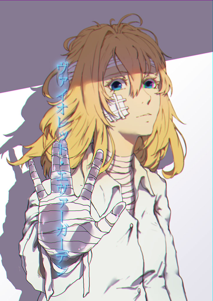 1girl bandaged_arm bandaged_head bandages bandaid bangs blonde_hair blue_eyes collar collared_shirt eyebrows_visible_through_hair hair_between_eyes long_sleeves looking_at_viewer parted_lips reaching_out shadow shirt simple_background smile solo standing sun951122 translated violet_evergarden violet_evergarden_(character) white_background white_neckwear white_shirt