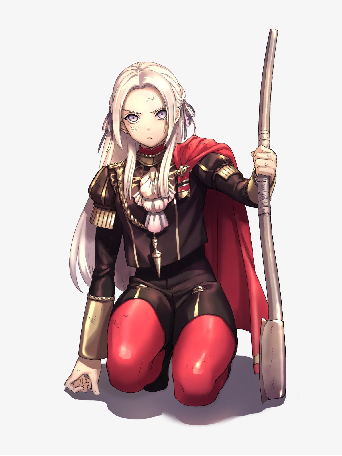 1girl axe bangs breasts cape dirty_face edelgard_von_hresvelg fire_emblem fire_emblem:_three_houses forehead full_body garreg_mach_monastery_uniform hair_ribbon highres kneeling long_hair long_sleeves looking_at_viewer medium_breasts moyashi_mou2 pantyhose parted_bangs red_legwear ribbon shadow silver_hair simple_background solo violet_eyes white_background