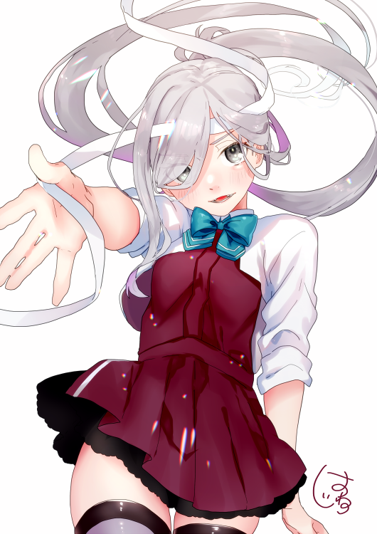 1girl ahoge artist_logo asashimo_(kantai_collection) blazer cowboy_shot grey_legwear hair_over_one_eye halterneck hatu_xxgoukan headband jacket kantai_collection long_hair looking_at_viewer ponytail remodel_(kantai_collection) school_uniform sharp_teeth shirt silver_hair simple_background sleeves_rolled_up solo teeth thigh-highs white_background white_headband white_shirt