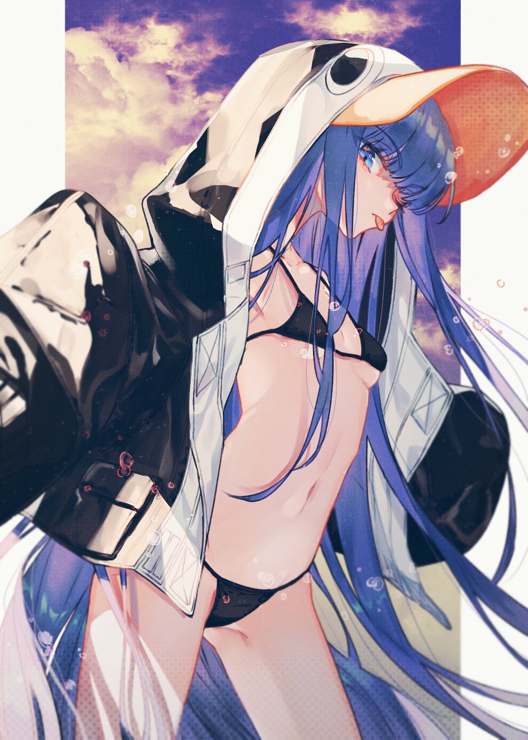 1girl animal_hood bikini black_bikini blue_eyes blurry breasts closed_mouth clouds collarbone commentary cowboy_shot depth_of_field fate/grand_order fate_(series) groin hair_between_eyes highres hood long_hair looking_at_viewer meltryllis meltryllis_(swimsuit_lancer)_(fate) micro_bikini midriff navel one_eye_closed penguin_hood purple_hair purple_sky sleeves_past_fingers sleeves_past_wrists small_breasts solo swimsuit thighs tongue tongue_out very_long_hair yuno_tsuitta