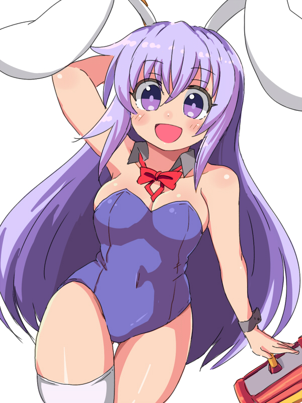 1girl :d animal_ears arm_behind_head ass_visible_through_thighs bangs bare_arms bare_shoulders bow bowtie breasts bunny_girl bunnysuit commentary covered_navel detached_collar erina_(rabi-ribi) eyebrows_visible_through_hair hair_between_eyes hammer leotard long_hair looking_at_viewer medium_breasts naitou_kouse open_mouth purple_hair purple_leotard rabbit_ears rabi-ribi red_neckwear simple_background single_thighhigh smile solo thigh-highs thigh_gap very_long_hair violet_eyes white_background white_legwear wrist_cuffs