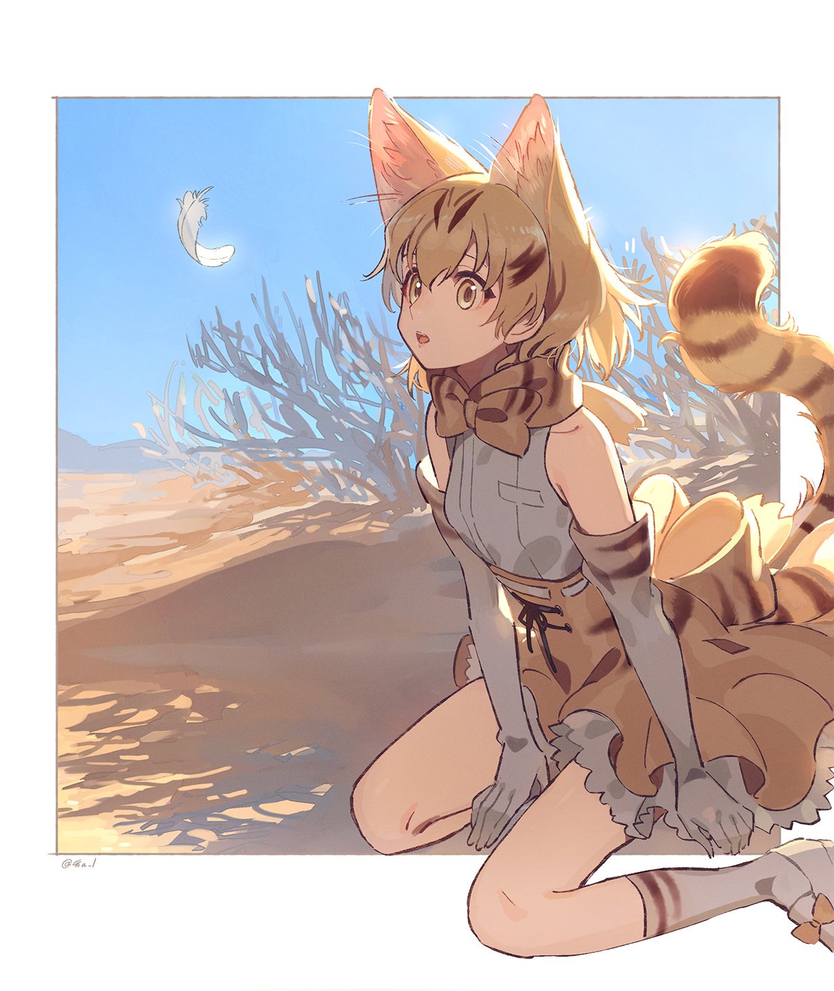 1girl 48a_1 animal_ears blonde_hair blue_sky cat_ears cat_tail day elbow_gloves feathers flat_chest gloves highres kemono_friends looking_away open_mouth sand_cat_(kemono_friends) sand_cat_print short_hair sitting sky solo striped_tail tail wariza yellow_eyes