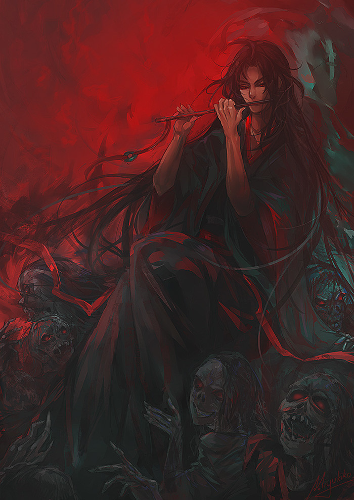 1boy artist_name black_hair flute instrument long_hair looking_at_viewer male_focus miyukiko mo_dao_zu_shi music outdoors playing_instrument red_eyes red_ribbon red_sky ribbon sitting sky very_long_hair wide_sleeves wuxian_wei zombie