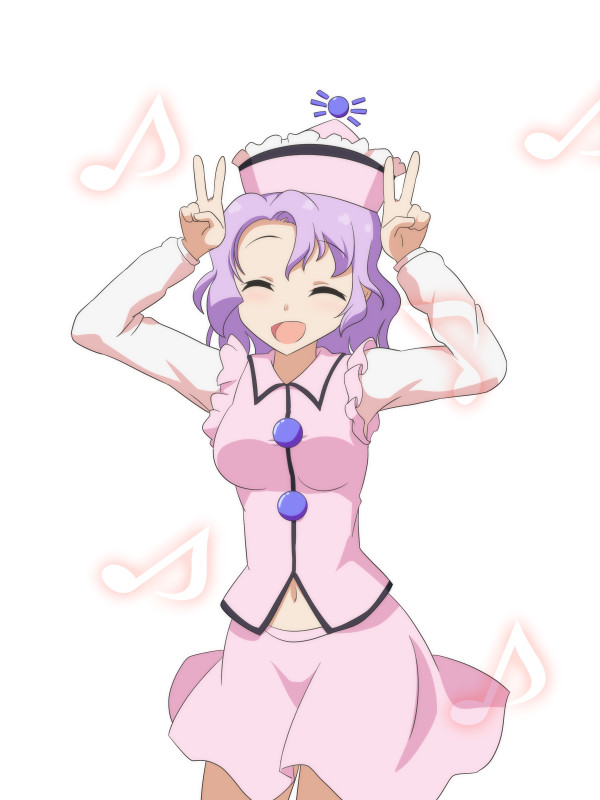 1girl arms_up breasts cato_(monocatienus) closed_eyes commentary_request contrapposto cowboy_shot double_v eighth_note forehead hat lavender_hair long_sleeves medium_breasts merlin_prismriver midriff_peek musical_note navel open_mouth pink_headwear pink_skirt pink_vest shirt short_hair simple_background skirt skirt_set solo standing sun_(symbol) touhou v vest white_background white_shirt