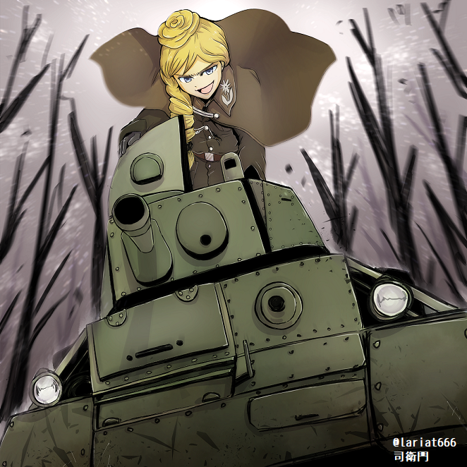 1girl 7tp artist_name black_gloves blonde_hair blue_eyes blurry blurry_background bonple_military_uniform braid brown_jacket capelet commentary_request fourragere girls_und_panzer girls_und_panzer_ribbon_no_musha gloves grey_sky ground_vehicle hair_bun hair_over_shoulder holding jacket jajka_(girls_und_panzer) long_hair long_sleeves military military_uniform military_vehicle motor_vehicle open_mouth outdoors partial_commentary single_braid smirk solo tank tree tsukasa-emon twitter_username uniform wind