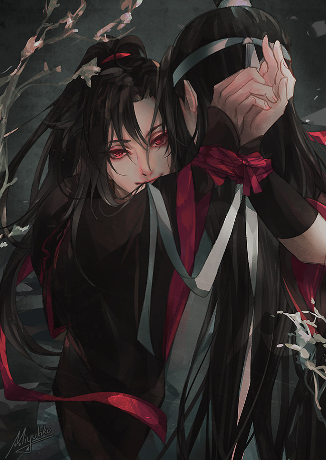 2boys artist_name black_hair bound bound_wrists chinese_clothes hands_up headband hug long_hair male_focus miyukiko mo_dao_zu_shi multiple_boys red_eyes red_ribbon ribbon standing topknot upper_body very_long_hair wangji_lan white_headband wuxian_wei yaoi