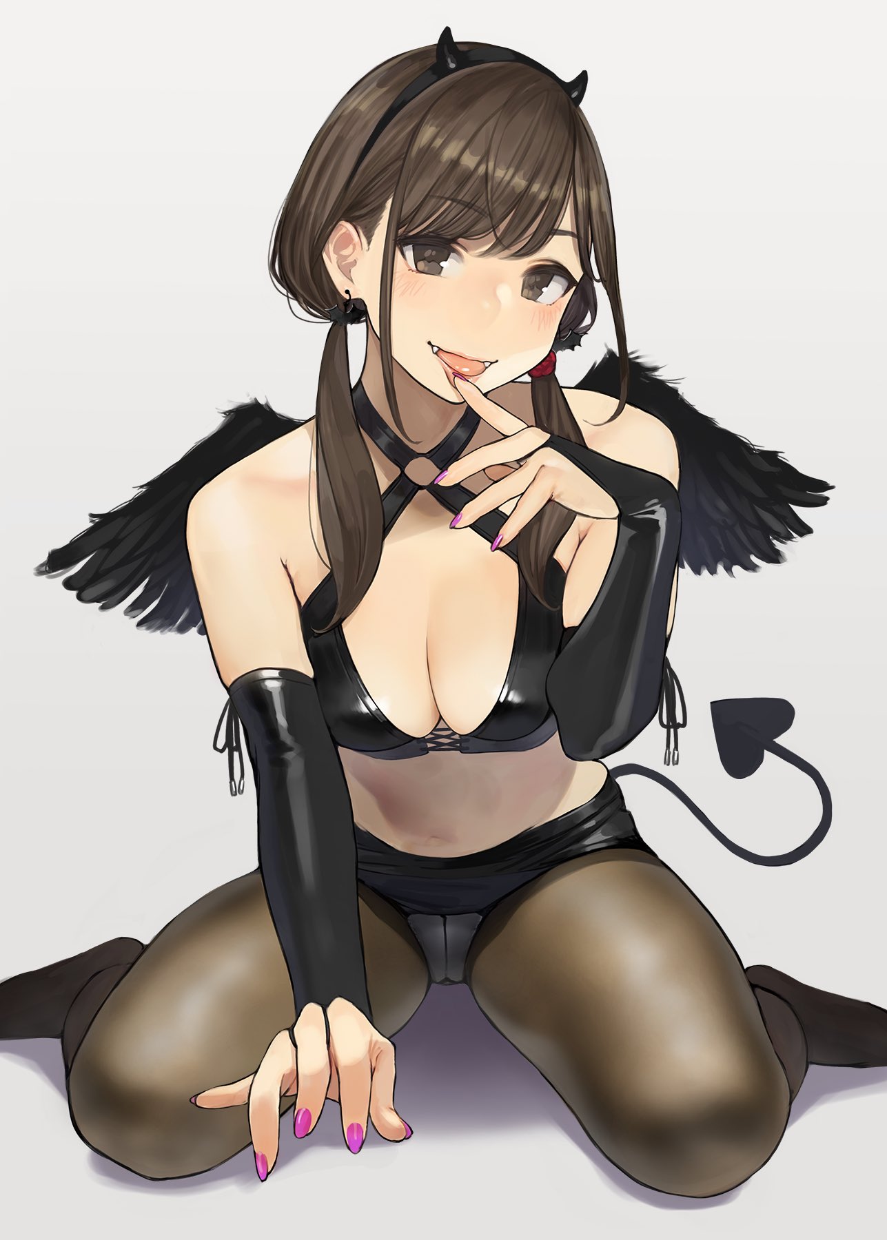 1girl :d bangs black_gloves black_hairband black_skirt black_wings blush breasts bridal_gauntlets brown_eyes brown_hair brown_legwear demon_girl earrings eyebrows_visible_through_hair fake_horns fangs feathered_wings finger_to_mouth gloves grey_background hairband highres horns jewelry large_breasts long_hair low_twintails miniskirt navel o-ring open_mouth original panties panties_under_pantyhose pantyhose pink_nails sidelocks simple_background sitting skirt smile solo stomach succubus tail twintails underwear wariza white_panties wings yomu_(sgt_epper)