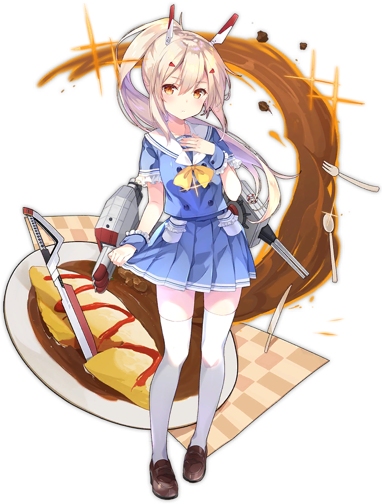 1girl ayanami_(azur_lane) azur_lane blonde_hair blue_skirt brown_eyes brown_footwear eyebrows_visible_through_hair fork full_body hand_on_own_chest loafers long_hair looking_at_viewer official_art ootsuki_momiji ponytail shoes short_sleeves skirt solo spoon thigh-highs transparent_background white_legwear