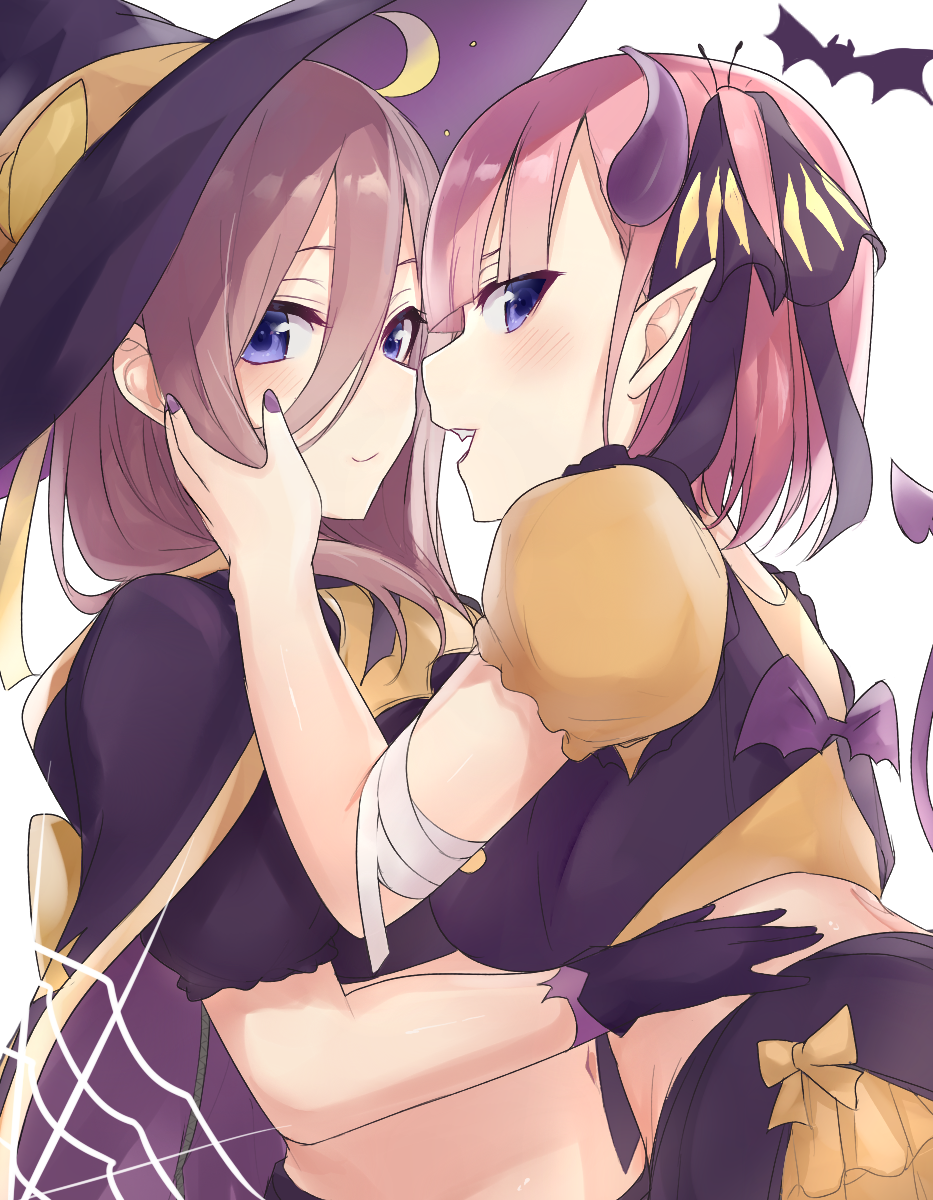 2girls :d bangs black_cape black_headwear black_ribbon black_skirt blush breasts brown_hair cape closed_mouth commentary_request demon_girl demon_horns demon_tail demon_wings eyebrows_behind_hair go-toubun_no_hanayome hair_between_eyes hair_ribbon hat highres horns ichijou_(kr_neru0) incest medium_breasts midriff mini_wings multicolored multicolored_cape multicolored_clothes multiple_girls nakano_miku nakano_nino open_mouth pink_hair profile puffy_short_sleeves puffy_sleeves purple_cape purple_wings ribbon short_sleeves simple_background skirt smile tail tail_raised two_side_up violet_eyes white_background wings witch_hat