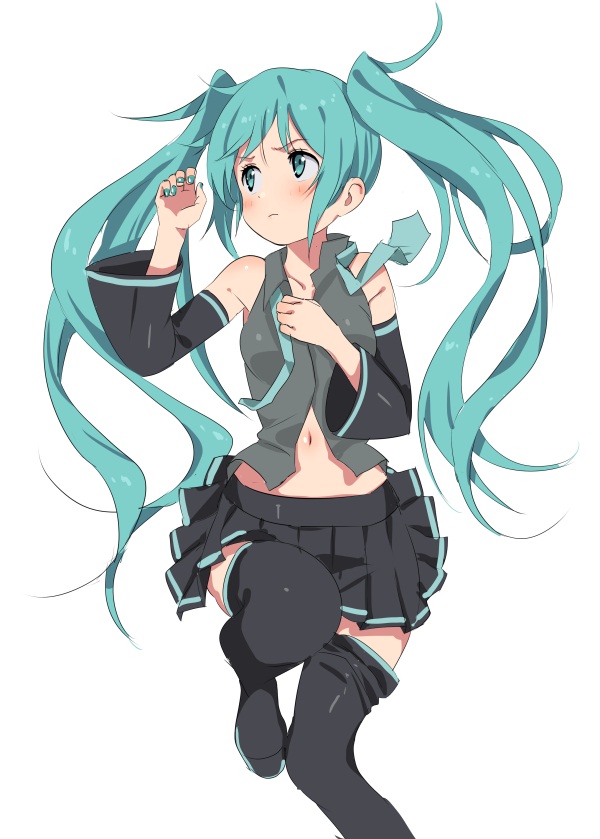 1girl aqua_eyes aqua_hair aqua_nails aqua_neckwear bare_shoulders black_legwear black_skirt black_sleeves blush closed_mouth commentary detached_sleeves from_above grey_shirt hand_on_own_chest hatsune_miku knee_up light_frown long_hair looking_to_the_side lying midriff nail_polish navel necktie on_back shirt skirt sleeveless sleeveless_shirt solo thigh-highs tshangen131 twintails very_long_hair vocaloid white_background