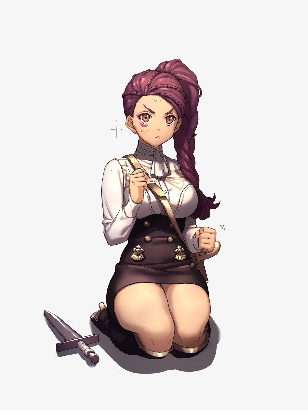 1girl :&lt; bag black_footwear boots braid breasts clenched_hands dirty_clothes dirty_face facepaint fire_emblem fire_emblem:_three_houses full_body garreg_mach_monastery_uniform high_heel_boots high_heels highres knee_boots long_hair long_sleeves looking_at_viewer medium_breasts moyashi_mou2 neckerchief petra_macneary ponytail seiza shadow shoulder_bag simple_background sitting skirt solo sparkle sword thighs violet_eyes weapon white_background