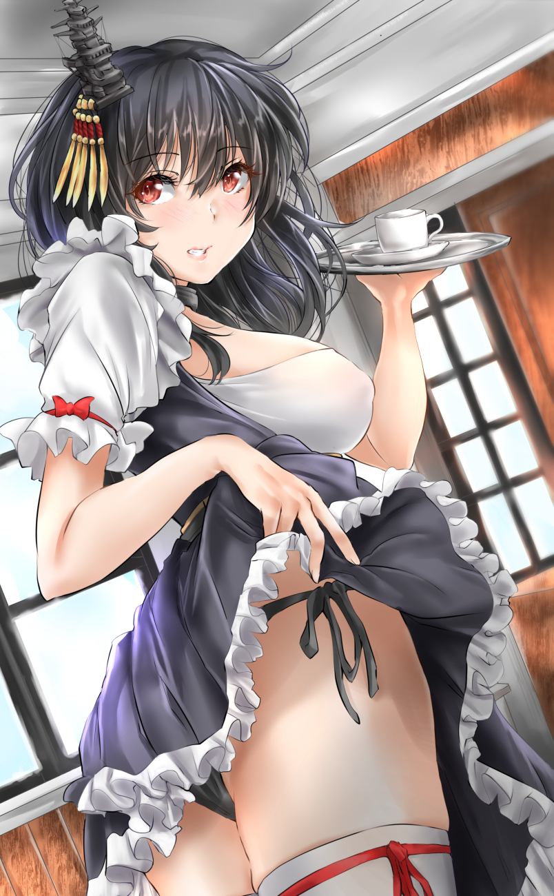 1girl alternate_costume black_dress black_hair black_panties commentary_request cup dress dress_lift enmaided graphite_(medium) hair_ornament highres holding holding_tray indoors kantai_collection lifted_by_self maid panties red_eyes ribbon-trimmed_legwear ribbon_trim short_hair short_sleeves side-tie_panties solo thigh-highs tororo_ten traditional_media tray underwear white_legwear yamashiro_(kantai_collection)