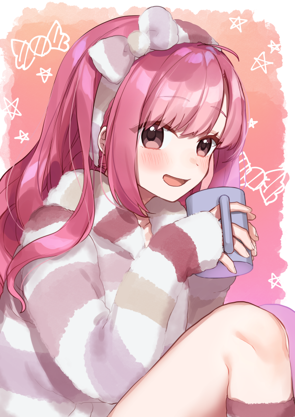 1girl :d achikita_chinami bangs blush bow brown_eyes candy_wrapper commentary_request cup diagonal_stripes eyebrows_visible_through_hair hair_bow hairband hands_up holding holding_cup hood hood_down hooded_jacket jacket kneehighs knees_up long_hair long_sleeves looking_at_viewer loungewear mug nijisanji open_mouth pink_hair sitting sleeves_past_wrists smile solo star striped striped_bow striped_hairband striped_jacket virtual_youtuber yamabukiiro