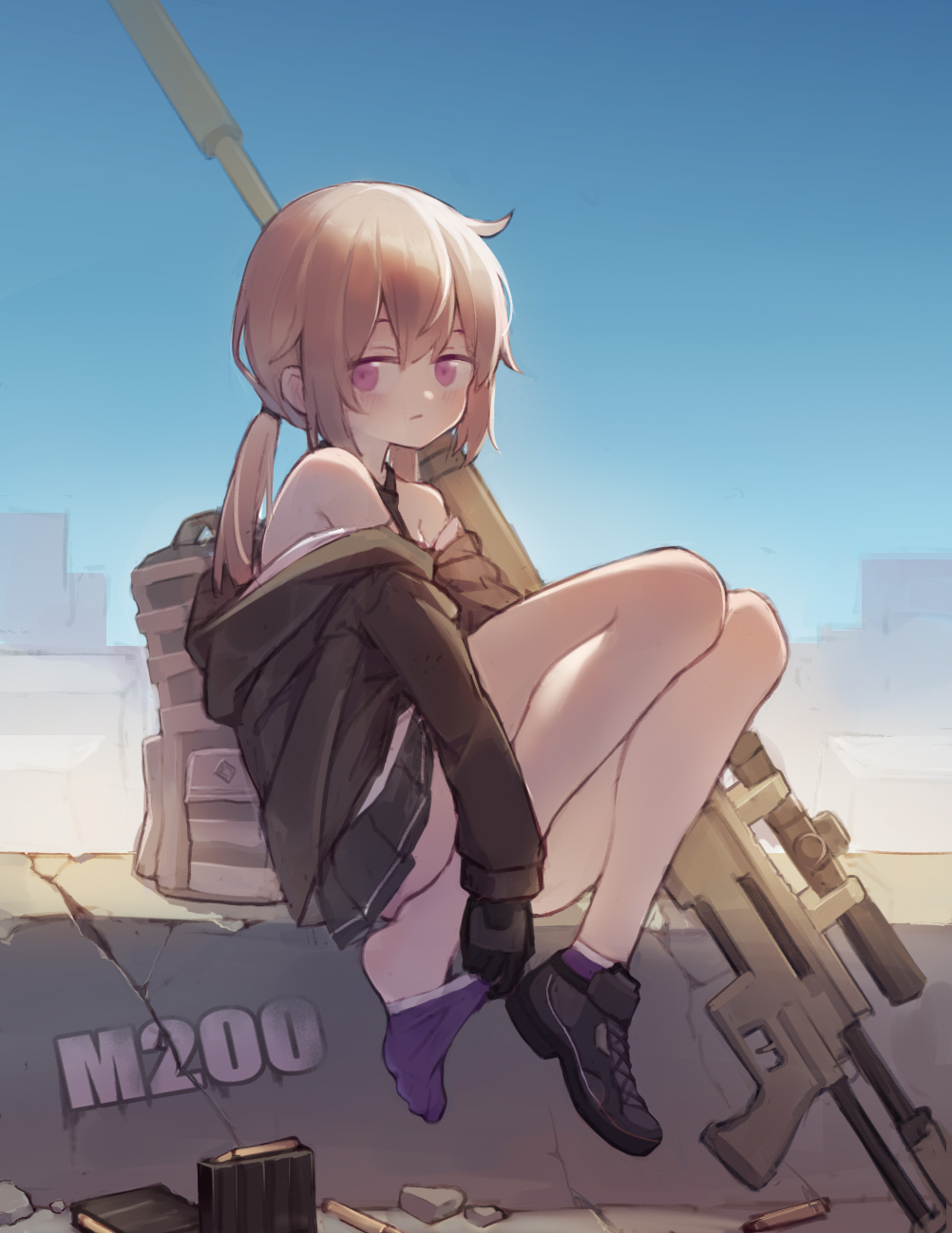 1girl backpack bag bangs bare_shoulders black_footwear black_gloves blush bolt_action character_name cheytac_m200 closed_mouth day dianche_miao_(18826) dress girls_frontline gloves gun highres jacket long_hair long_sleeves m200_(girls_frontline) off_shoulder outdoors pleated_dress ponytail purple_legwear removing_legwear rifle shell_casing shoes sitting skirt sky sniper_rifle socks solo violet_eyes weapon