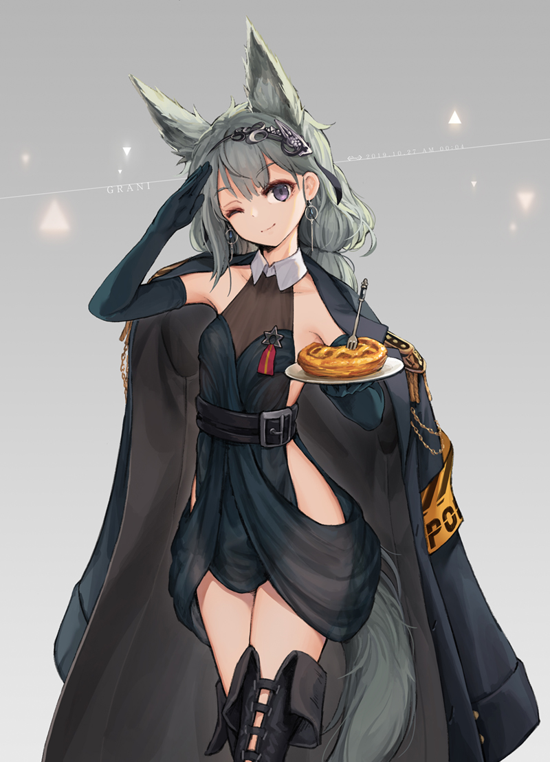 1girl ;) animal_ears arknights arm_up armband bangs bare_shoulders black_coat black_footwear boots cake character_name closed_mouth clothes_writing coat cowboy_shot dated dress earrings elbow_gloves epaulettes eyebrows_visible_through_hair food fork gloves grani_(arknights) green_dress green_gloves grey_background grey_hair hairband holding holding_plate jacket_on_shoulders jakoujika jewelry long_hair looking_at_viewer one_eye_closed open_clothes open_coat plate purple_hair simple_background sleeveless sleeveless_dress smile solo thigh-highs thigh_boots